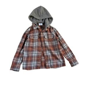 Old Navy Kids Plaid Hooded Flannel Shirt Rust Brown Grey Size M 8 Long Sleeve